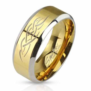 Bague homme en acier avec motif tribal sur bande dor�e