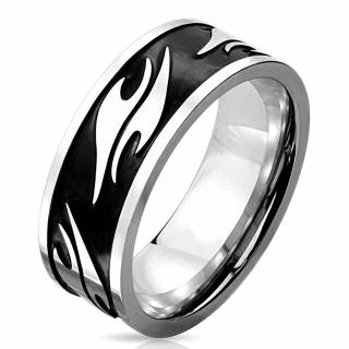 Bague homme en acier avec symboles tribaux sur bande noire
