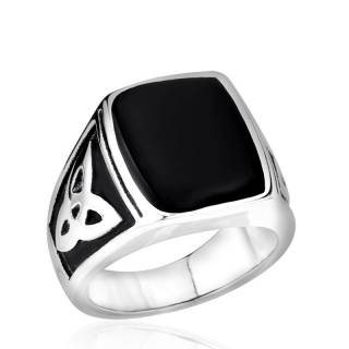Bague homme en acier avec symboles trinit� et pierre noire