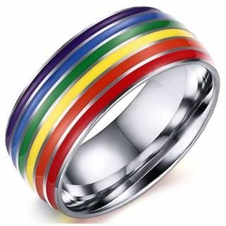 Bague homme en acier � bandes arc en ciel