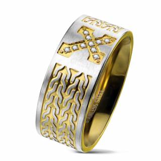Bague homme en acier bicolore � croix strass et reliefs
