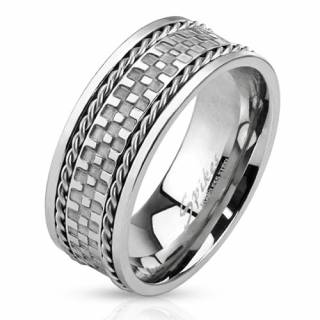 Bague homme en acier � damier et filins tress�s
