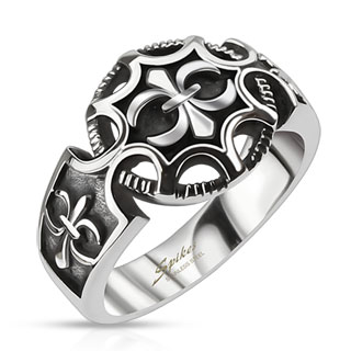 Bague homme en acier fleurs de Lys et �cusson