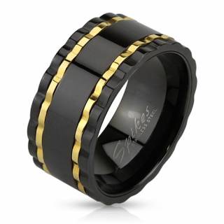 Bague homme en acier noir � anneaux dor�s style engrenage