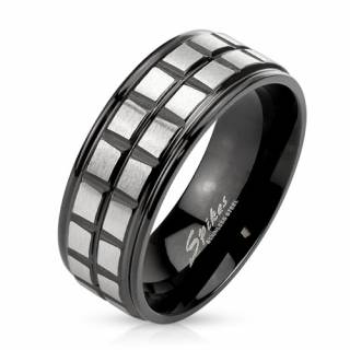 Bague homme en acier noir � carreaux gris bross�s