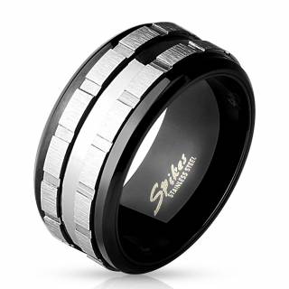 Bague homme en acier noir � duo d'anneaux crant�s anti-stresse