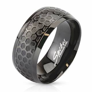 Bague homme en acier noir � reliefs nid d'abeilles