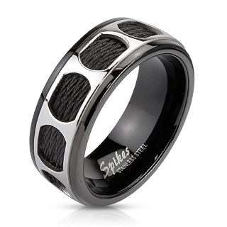 Bague homme en acier noir avec bandeau argent� ajour�