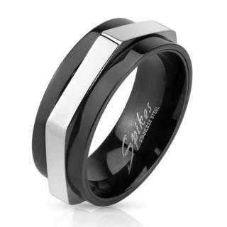 Bague homme en acier noir avec h�xagone argent� tournant