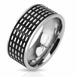 Bague homme en acier noir avec lignes de rectangles