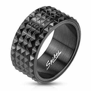 Bague homme en acier noir avec pyramides et centre tournant