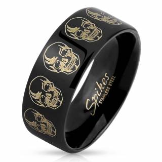 Bague homme en acier noir avec t�tes de morts dor�es