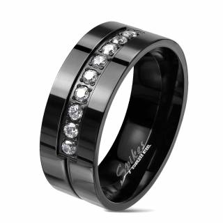 Bague homme en acier noir � bande de strass et rainure