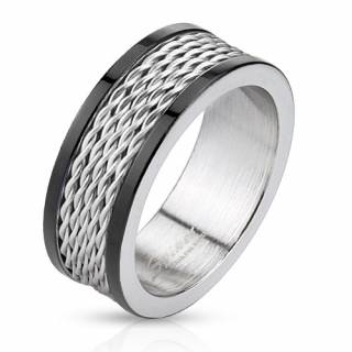 Bague homme en acier noir et gris avec cinq lignes de filins