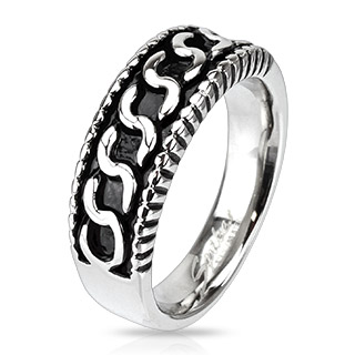 Bague homme en acier noirci � reliefs en "S"