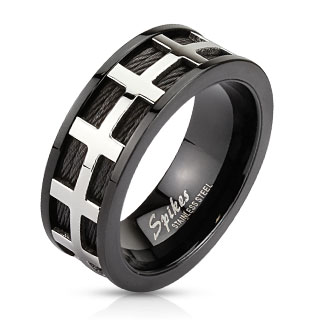 Bague homme en acier noirci avec croisements argent�s sur filins