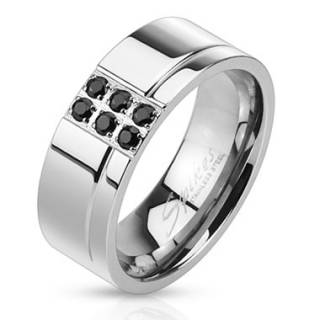 Bague homme en acier � rainure d�cal�e et six pierres noires
