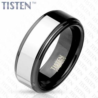 Bague homme en Tisten noir cercl�e d'une bandeau argent�