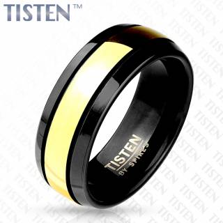Bague homme en Tisten noir travers� travers� d'un anneau dor�
