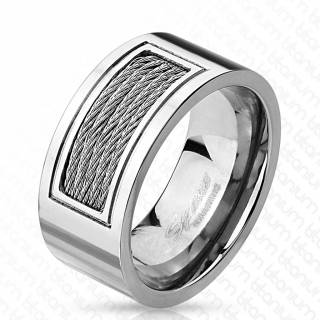 Bague homme en titane argent� avec rectangle de cables m�talliques