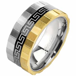 Bague homme en titane avec bandeaux crant�s et motif labyrinthe