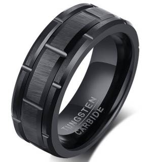 Bague homme en tungstene noir � bandes rainur�es