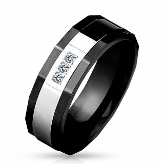 Bague homme exagonale en acier noir � bande argent�e sertie