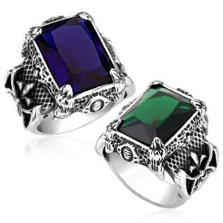 Bague homme gothique en acier � pierre carr�e, griffes et fleur de lys