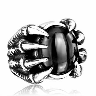 Bague homme en acier � pierre ovale noire et griffes de dragon