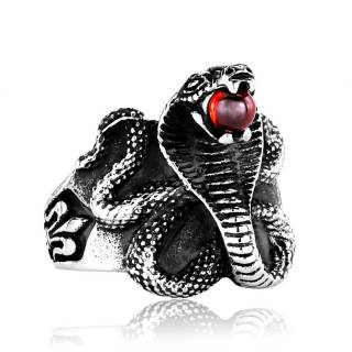 Bague homme gothique � serpent cobra tenant une orbe rouge