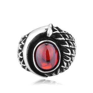 Bague homme gothique en acier � �cailles et pierre rouge ovale
