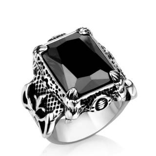 Bague homme gothique en acier � pierre carr�e noire, griffes et fleur de lys