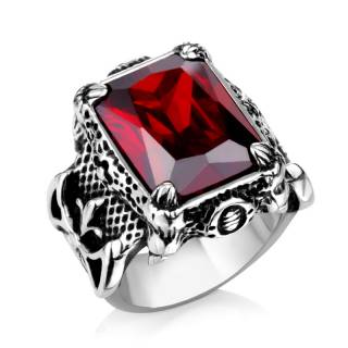 Bague homme gothique en acier � pierre carr�e rouge, griffes et fleur de lys