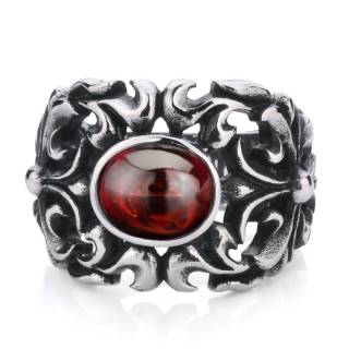 Bague homme gothique en acier � pierre ovale rouge et croix