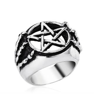 Bague homme gothique en acier avec pentacle et griffes d�moniaques
