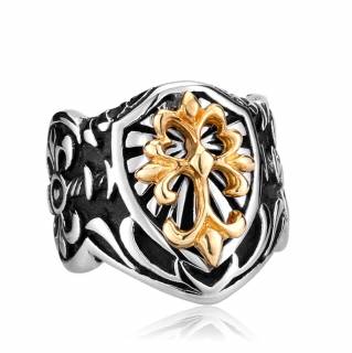 Bague homme gothique en acier vieilli avec croix dor�e � fleurs de lys