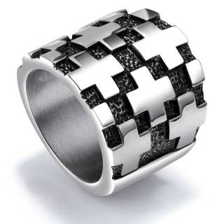 Bague homme large en acier � parterre de croix