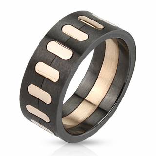 Bague homme noir mat en acier bross� avec segments cuivr�s