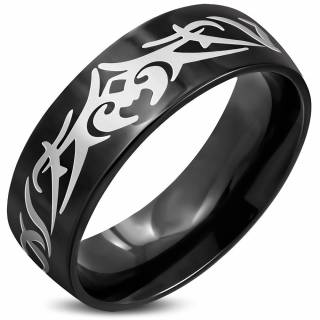 Bague homme noire acier � motif tribal
