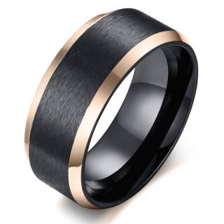 Bague homme noire en acier � bords biseaut�s cuivr�s