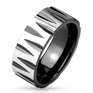 Bague homme noire en acier � encoches en pointes