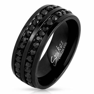 Bague homme noire en acier � sillons pav�s de pierres