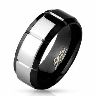 Bague homme noire en acier avec bande argent�e � segments