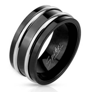 Bague homme noire en acier avec lignes argent�es