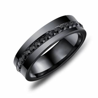 Bague homme noire en acier � bande de pierres en diagonale