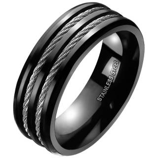 Bague homme noire en acier � cables m�talliques