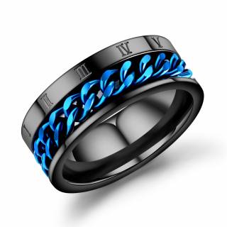 Bague homme noire en acier � chaine bleue et chiffres romains
