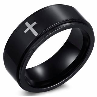 Bague homme noire en acier � croix sur bandeau tournant