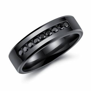 Bague homme noire en acier � encoche pav�e de pierres