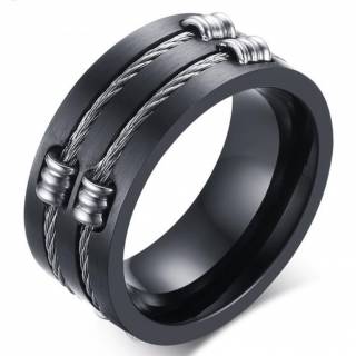 Bague homme noire en acier � filins et bobines